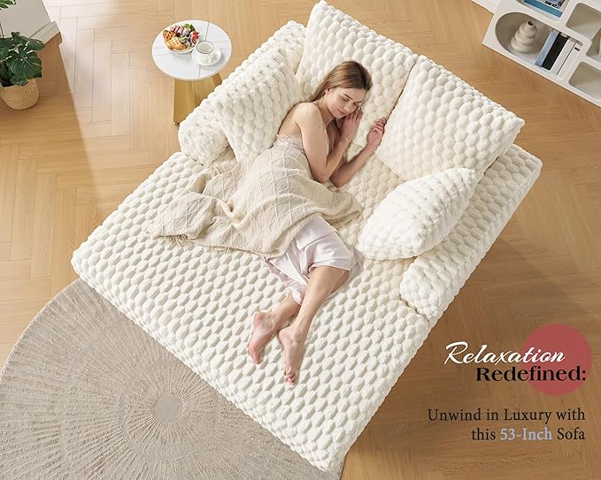 VanAcc 58-Inch Plush Sleeper Chair with Throw Pillows Upholstered Chaise Lounge &amp Sofa Bed with Armrests for Living Room Off-White