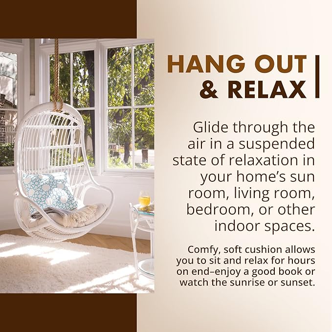 KOUBOO Hanging Rattan Swing Chair with Seat Cushion Handwoven Natural Rattan Chair Coastal Home Decor Furniture for Bedroom Living Room &amp Sun Room White