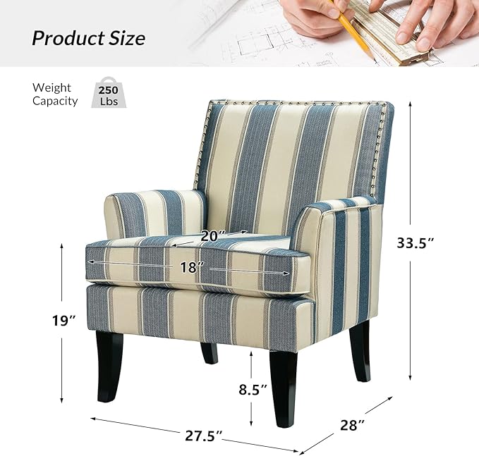 HULALA HOME Modern Accent Chair for Living Room Upholstered Fabric Single Sofa Chair Wingback Armchair with Wooden Legs for Bedroom Office Reading or Waiting Room Stripe Blue