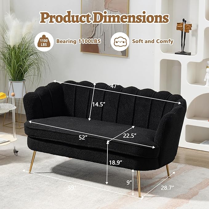 59 Small Loveseat Sofa 2-Seater Modern Chenille Couch with Gold Metal Legs &amp Floral Backrest Compact Apartment Sofa for Living Room Bedroom Office Dorm (Boucle Black)