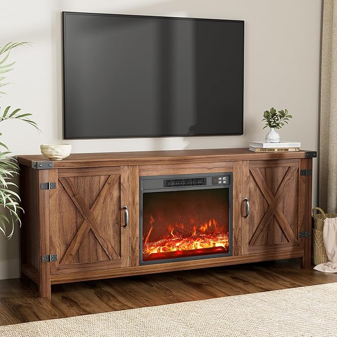 YESHOMY Fireplace TV Stand with Two Barn Doors and Storage Cabinets for Televisions up to 65+ Inch Entertainment Center Console Table Media Furniture for Living Room 58 Inch Walnut