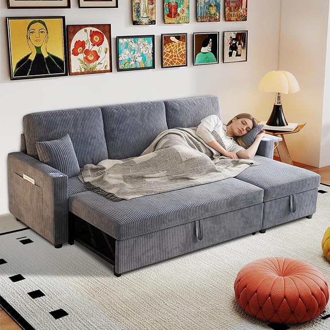Rovibek 83 Convertible Sofa Bed Couch with Storage &amp USB Port – 4 in 1 L Shaped Sofa with Pull Out Couch Bed Side Table Cup Holder for Living Room Apartment Office Small Spaces Grey