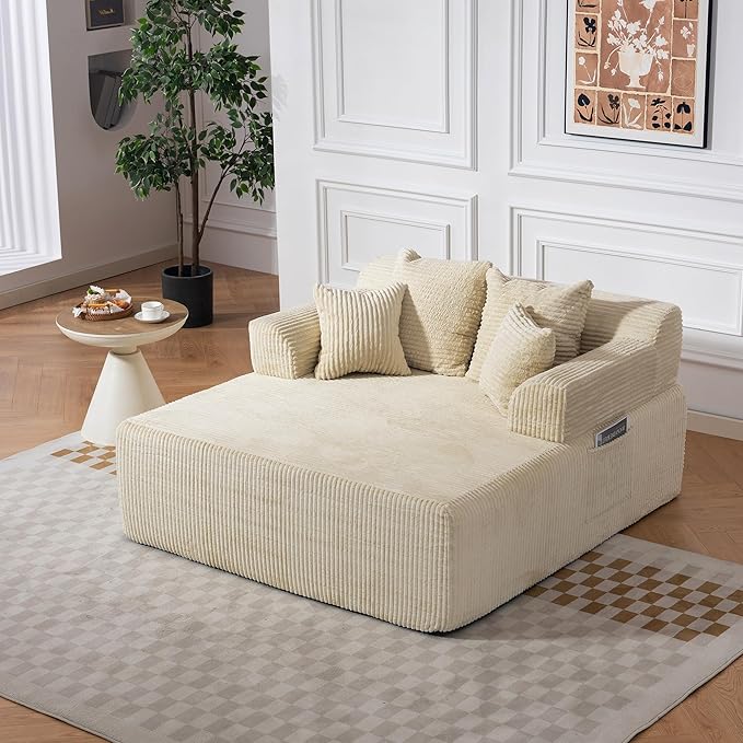 58 Inch Chaise Lounge Chair Indoor Corduroy Boneless Sofa Bed Deep Seat Sleeper Couch Reading Chairs Upholstered Comfy Cloud Sofas Couches for Living Room No Assembly Required Beige