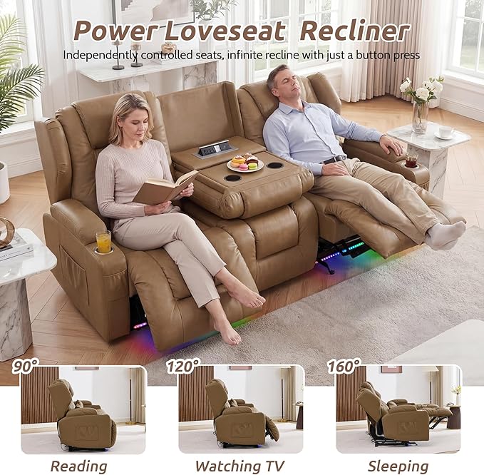 SAMERY Loveseat Recliner Sofa Power Reclining Loveseat Sofa Wall Hugger Recliners RV Couch with Flip-Backrest Solid Wood Top Ambient LED Lights USB-C Outlets Faux Leather Khaki | Extra Wide Se