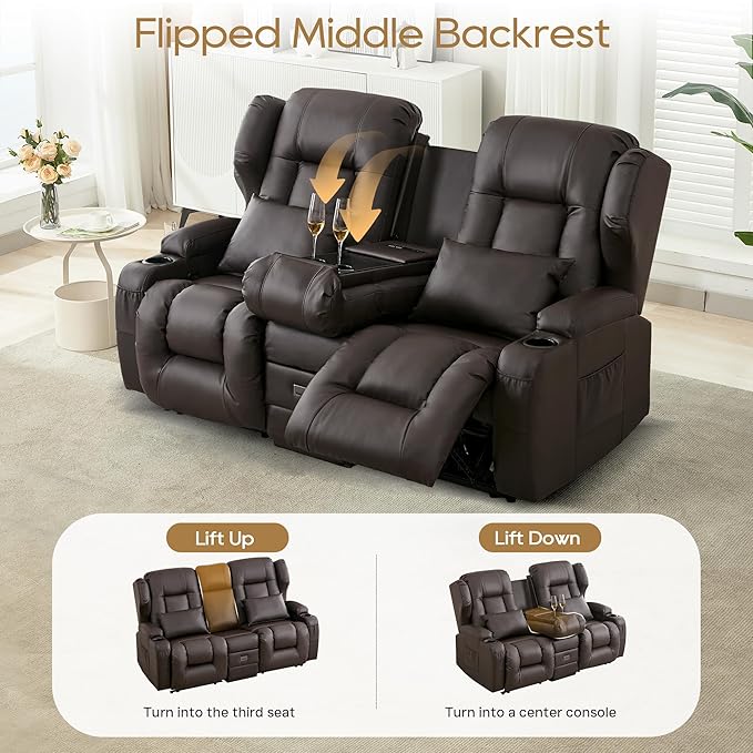DRMBOOK RV Loveseat Recliner Sofa Double Wall Hugger Reclining Couches Manual Reclinable Movie Seating 2 Person Recliner for Travel Trailer (Leather Brown 2 Seater with Reversible Console)