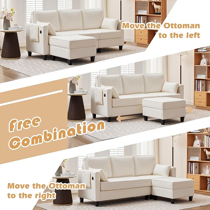 Small Sectional Couches with Storage 80 L Shaped Sectional Couch with Chaise &amp Ottoman Modular Corduroy Chenille Sofa with USB Ports&ampPocket for Living Room Apartment Office (Chenille White)