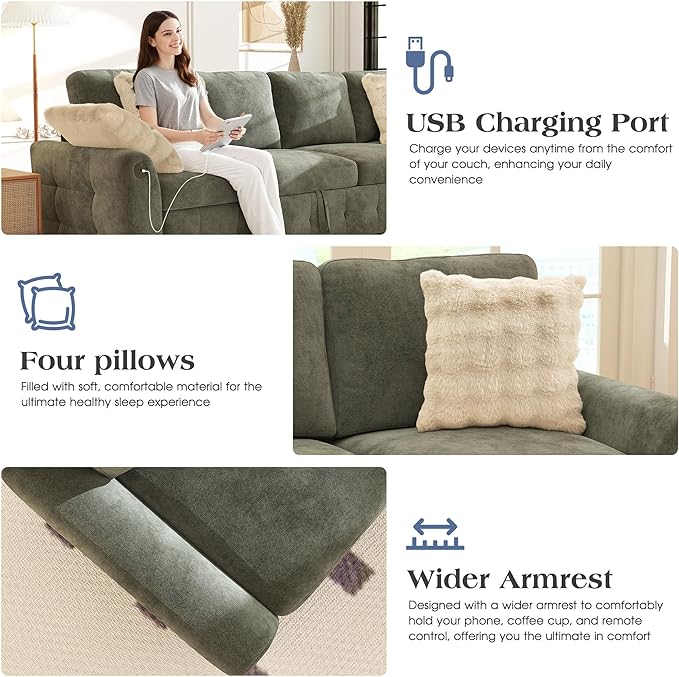 Ihanherry 106-inch Large L-Shaped Sectional Sofa Bed 7-Seater Convertible Pull Out Sleeper with Storage Ottoman 4 Pillows &amp USB Charging Ports Premium Chenille Fabric for Big Living Room（Gray）