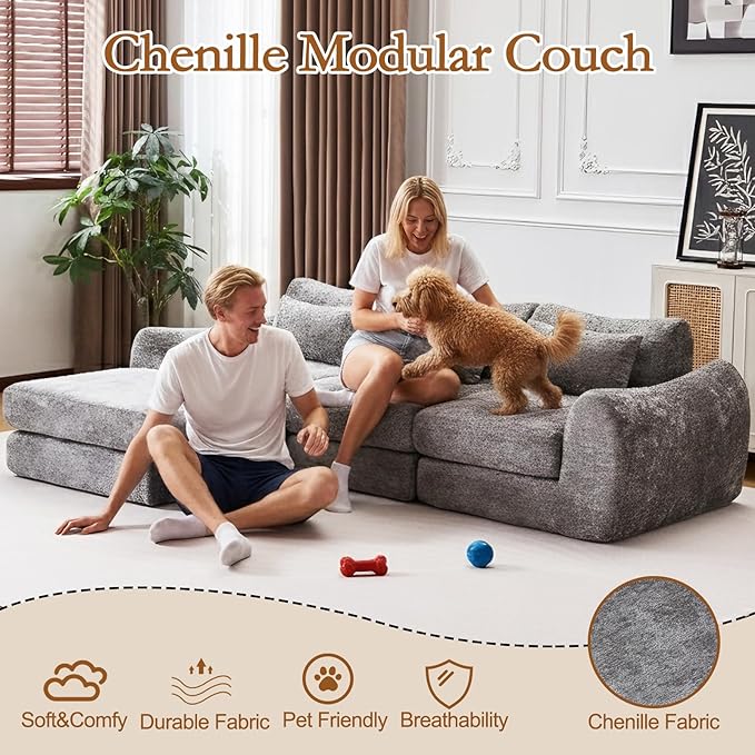 105” Modular Sectional Sofa Convertible Sofa BedTransforms into Single or Double Sofa Chenille Fabric Cloud SofaModern Soft Boneless Comfort No Assembly Required Grey