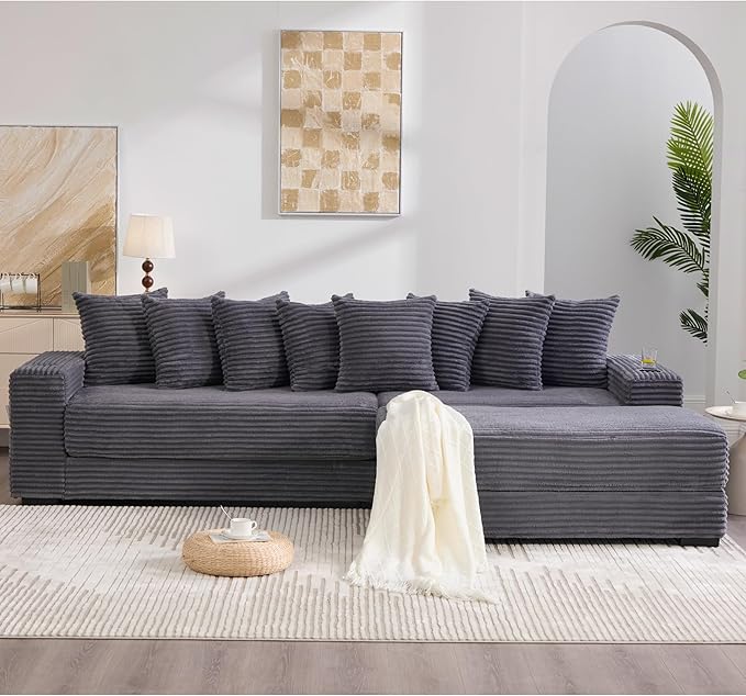 KEIKI 111 L-Shaped Oversized Corduroy Modular Sectional Sofa with 1 Ottoman 2 Cup Holder Convertible 4-Seater Couch Bed with 8 Throw Pillow Side Pocket Easy Assembly for Living Room Dark Gray