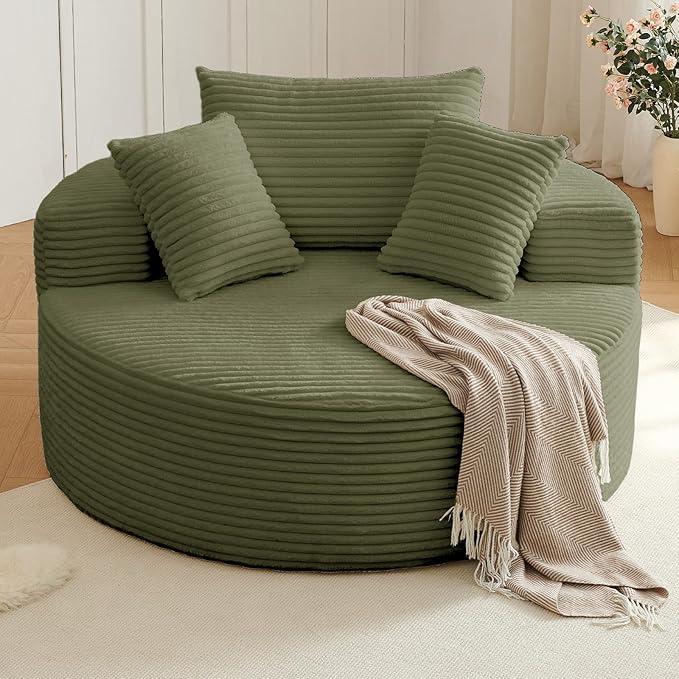 Oversized Round Chair Lounge Chaise Indoor Upholstered Corduroy Deep Seat Cloud Large Circle Sofa Chair No Assembly Required Fluffy Modern Sleeper Sofa Bed for Reading Living Room Light Green