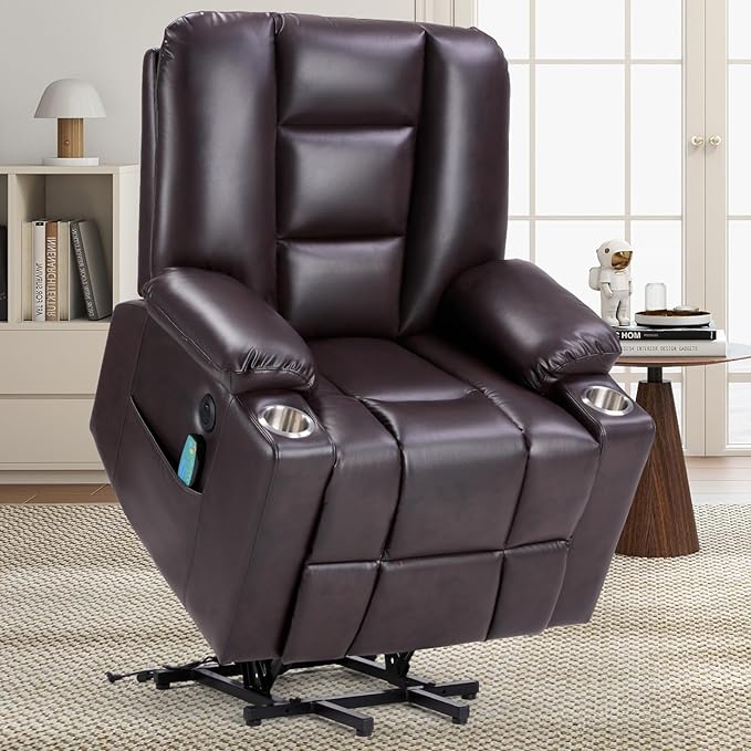 CANMOV Leather Power Lift Recliner Chair for Elderly Lift Chair Single Sofa with Massage and HeatingElectric Lift Recliner with Cup Holders USB Port for Living RoomDark Brown
