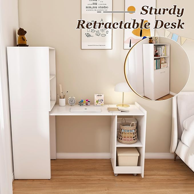 Leavader 50 Small Gaming Desk with with Mobile Wheels Stretchable White Computer Desk Hutch Desk with 4 Storage Shelves Foldable Home Office Desk Suitable for a Variety of Places Small Apartment