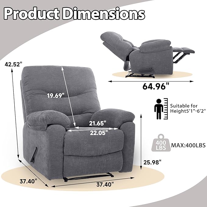 Manual Oversized Recliner Overstuffed Chairs Large Recliner High Weight Capacity Big and Tall Man Recliner for Heavy Duty 400lbs Adults for Living Room Bedroom Nursery RV Grey