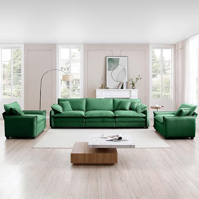 Aoowow 3 Pieces Modular Sectional Sofa Set with 3-Seater Couch and 2 Sofa ChairModern Corduroy Comfy Cloud Deep Seat Couches Set with Throw Pillows and Arm Pillows for Living Room Apartment(Green)