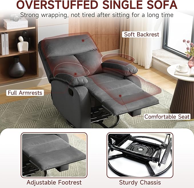 Swivel Rocker - Small Recliner for Small Spaces with Overstuffed Arms and Back Manual Swivel Recliner Chair with Ultra-Soft Velvet for Living Room Nursery Bedroom Dark Gray