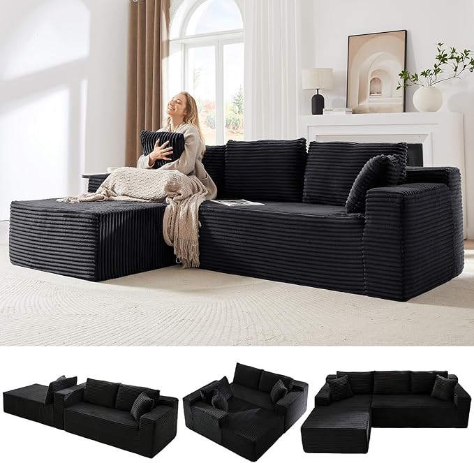 103 L-Shape Cloud Couch with Chaise Upholstered Corduroy Modular Sectional Sofa Deep Seat Couch with Free Combination for Living Room &amp ApartmentNo Assembly Required(BlackLeft Facing Chaise)