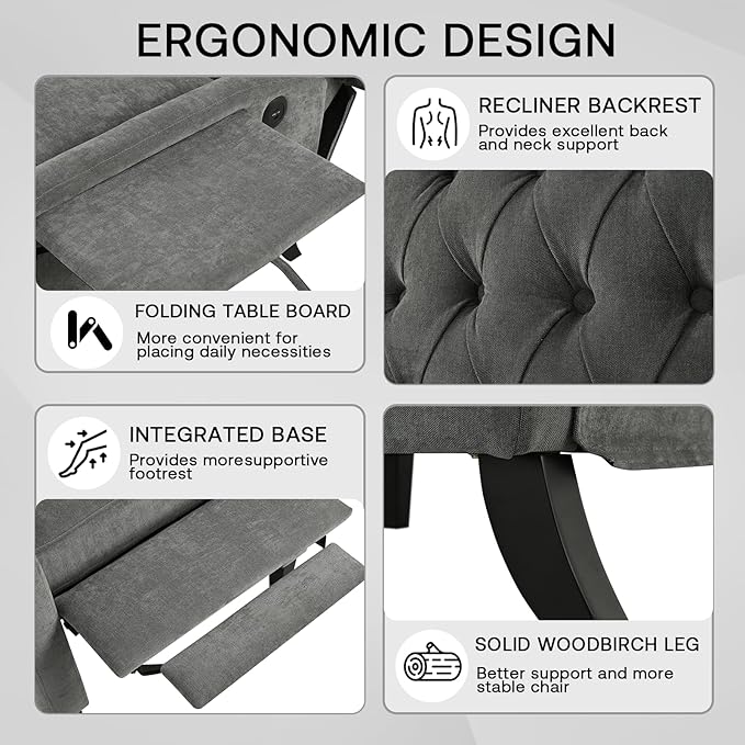 Manual Recliner Chair with Foldable Side Table USB Charger Wingback Tufted Wall Hugger Recliners for Small Spaces Living Room Bedroom Lazy Boy Style Recliner
