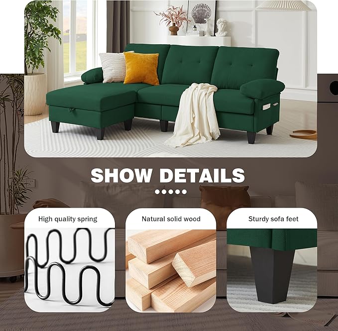 84 Convertible Sectional Sofa Modern Linen Fabric Small L Shaped Couch with Reversible Chaise 3-Seat Sofa Couches for Living Room Apartment and Small SpaceGreen