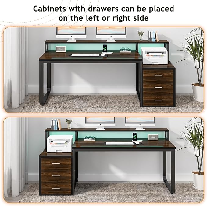HOMBCK 67 Computer Desk with 3 Drawers Home Office Desk with Long Monitor Stand and Printer Space Office Desk with Storage &amp LED Lights Writing Desk with Drawers Black and Walnut