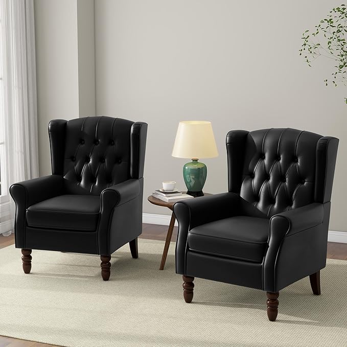 Accent Chair Upholstered Armchair with Button Tufted High Back &amp Solid Wood Legs Comfy Wingback Reading Single Sofa Chair for Small Spaces Living Room Bedroom - Leather Black Set of 1