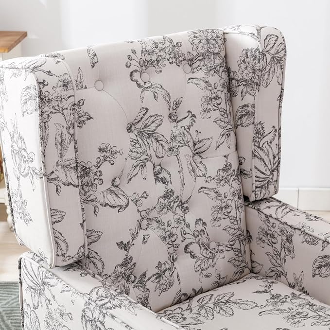 Mid-Century Accent Chair Upholstered Arm Chair Linen Fabric Side Chair with High Back Solid Wooden Legs Comfy Reading Chair for Living Room Bedroom Floral Pattern