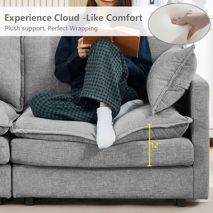 GNIXUU 102 Modular Sectional Sofa L Shaped Cloud Couch with Movable Ottoman &amp 4 Pillows Deep Seat Chenille 4 Seater Sectional Couches for Living Room Apartment (Grey)