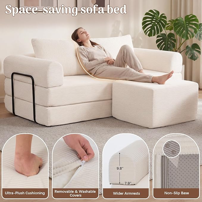 Redlife 78 Folding Sofa Bed with Ottoman Modular Loveseat Sleeper Couch Convertible Floor Sofa Corduroy Fabric Wide Armrests 28.3 Deep Seat Removable Covers &amp Side Pocket No Assembly Bei