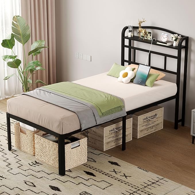 18 Inch Metal Bed Frame - Twin Size Black Heavy Duty Bedframe Platform Basic Mattress Foundation with Headboard &amp Charging Station No Box Spring Needed/Easy Assembly/Noise-Free