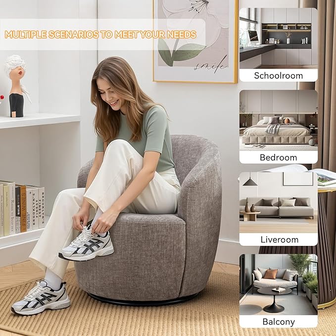 360 Degree Swivel Accent Chair Modern Barrel Vanity Chair with Back Comfy Single Circle Couch for Living Room Bedroom Reading Nook (Chenille Gray)