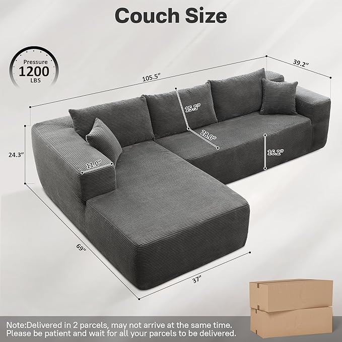 104 Cloud Sectional Couches for Living RoomL Shaped Boneless Couch in A BoxSleeper Sofa with Comfy Chaise No Assembly RequiredGrey