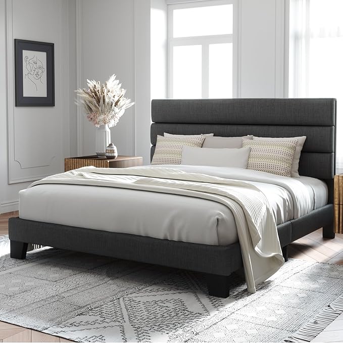 Allewie King Bed Frame Platform Bed with Fabric Upholstered Headboard and Wooden Slats Support Fully Upholstered Mattress Foundation/No Box Spring Needed/Easy Assembly Dark Grey