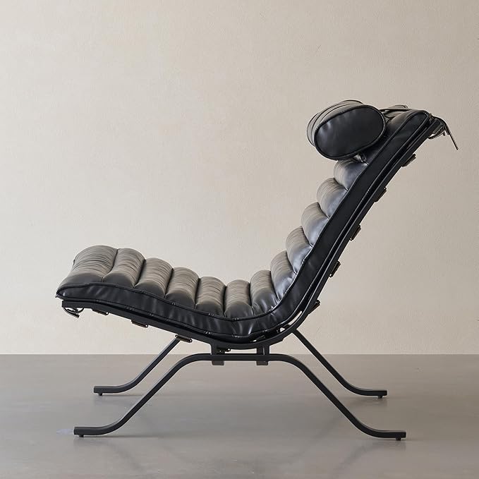 Leather Upholstered Armless Chair Modern Design Lounge Chair with Metal Frame and Headrest Cushion Comfortable Suitable for Living Room Bedroom Office (Black)