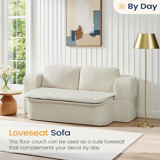 74.8 Inch Convertible Sleeper Sofa Bed Compressed Loveseat Sofa Folding Floor Mattress with Pillows and Blanket Small Couches for Living Room Bedroom Lounge No Assembly Required (Beige)