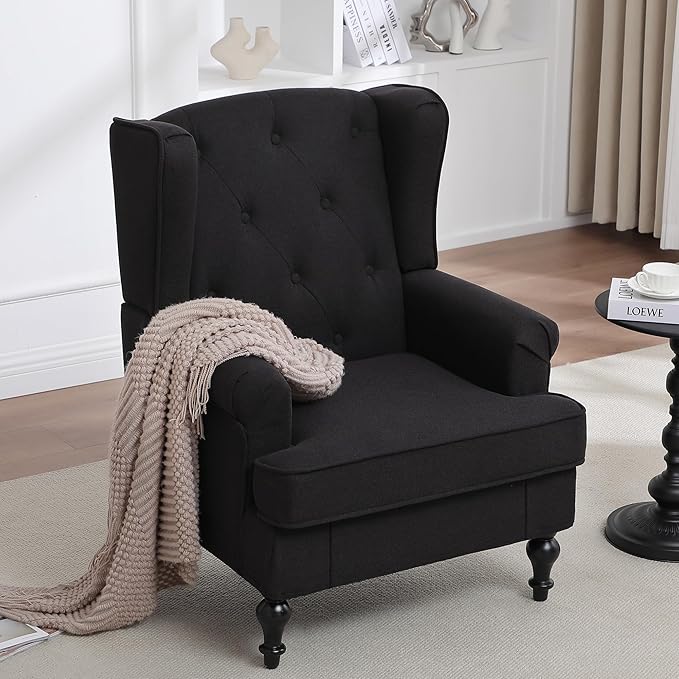 Accent Chair Set of 2 Mid Century Modern Fabric Wingback Chair Upholstered Armchair with High Back and Vintage Legs Comfy Single Sofa Side Reading Chair for Living Room Bedroom Black