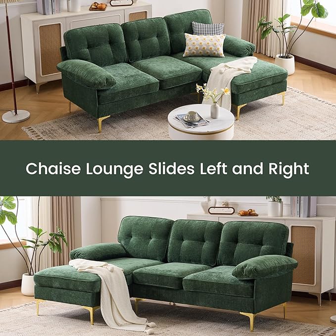 Sectional Couches for Living Room85 L-Shaped SofasModern Couch with Deep Seats &amp Chaise LongueRemovable Sofa Pillows WashableSofa for Apartments(ChenilleGreen)
