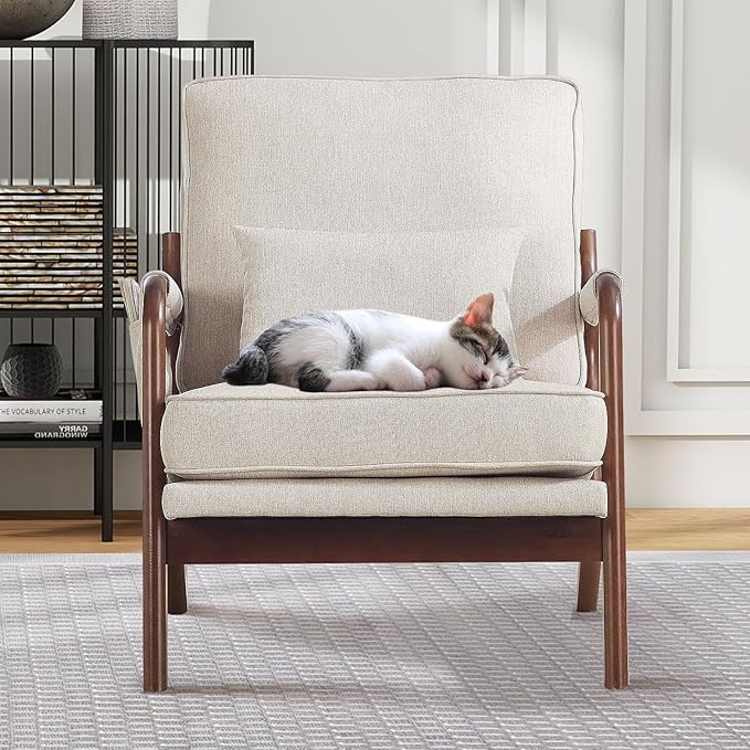 ANJ Mid Century Modern Accent Chair Lounge Reading Armchair with Extra Side Pocket &amp Detachable Cushion Comfy Fabric Accent Chairs for Living Room BedroomBeige