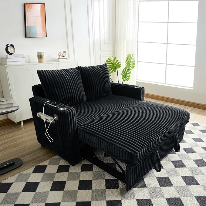 3 in 1 Pull Out Couch 56 Inch Corduroy Sofa Bed Convertible Loveseat Sleeper Sofa for Living Room Adjustment Backrest Upholstered Couch Bed with 2 Side Pockets USB Cup Holder Black
