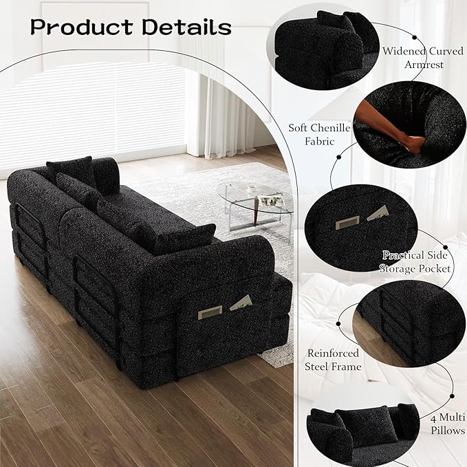 Convertible Floor Sofa Bed 79 Compression Sofa Foldable Sleeper Couch Bed Modular Sectional Couch Comfy Loveseat No Assembly Required for Living Room Guest Room Chenille Fabric Black