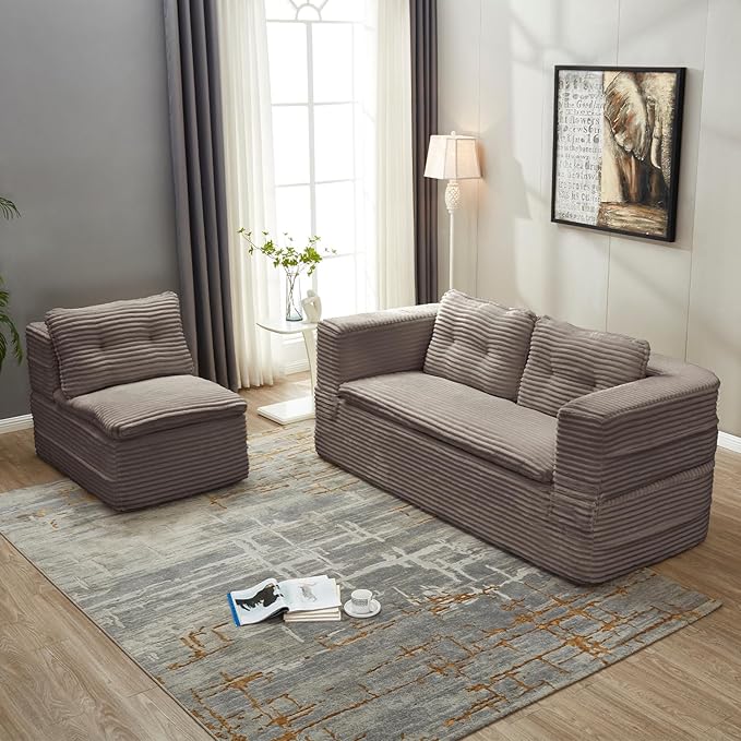 Convertible Sleeper Sofa Bed with Chaise Lounge Set80 King Folding Mattress Cloud Floor Loveseat CouchCorduroy Boneless Sectional Couch for Living Room Bedroom ApartmentCoffee