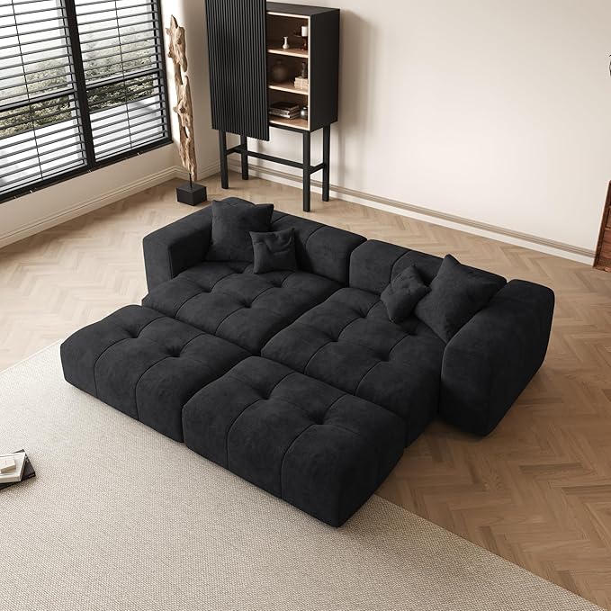 104 Love Seat Couch with Chaise Ottomans Modular Sectional Sofa Cloud Couch with Deep Seats Breathable Linen Fabric Sectional Couches for Living Room/Bedroom/Apartment Simple Assembly Black