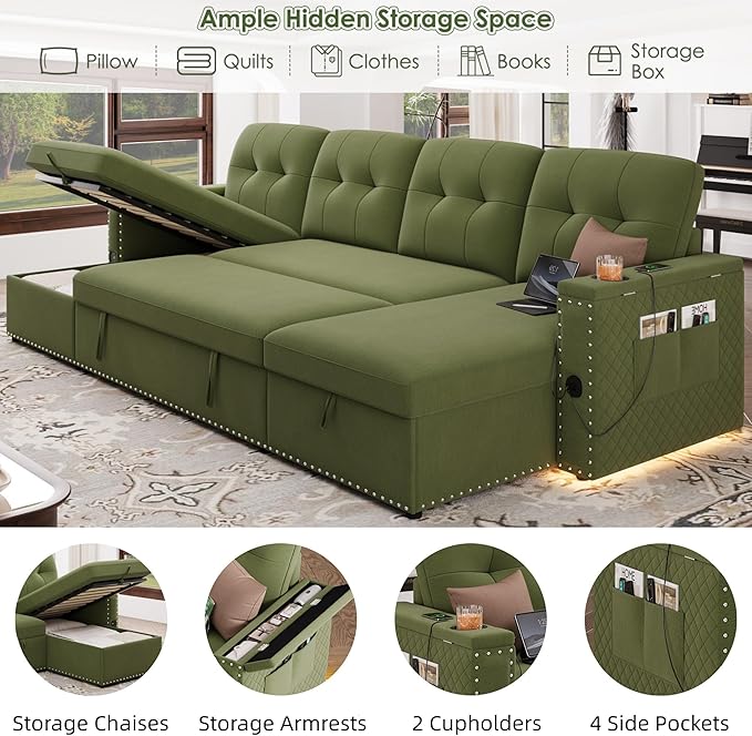 HIFIT 106 Sectional Couches for Living Room- Pull Out Sleeper Sofa Couch w/Storage ChaiseStorage ArmrestLED Light&ampUSB Port&ampCupholderModern Velvet U Shaped Home Sofa Living Room Furniture S