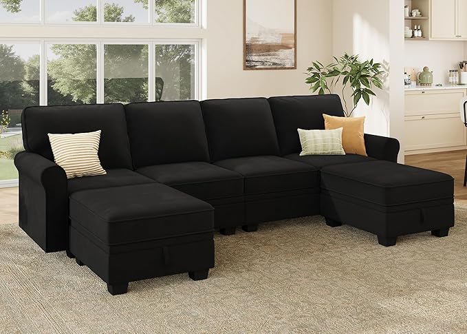 HONBAY Convertible Sectional Sofa with Storage U Shaped Sectional Couch with Reversible Chaise Small Sectional Couches for Living RoomMid Black