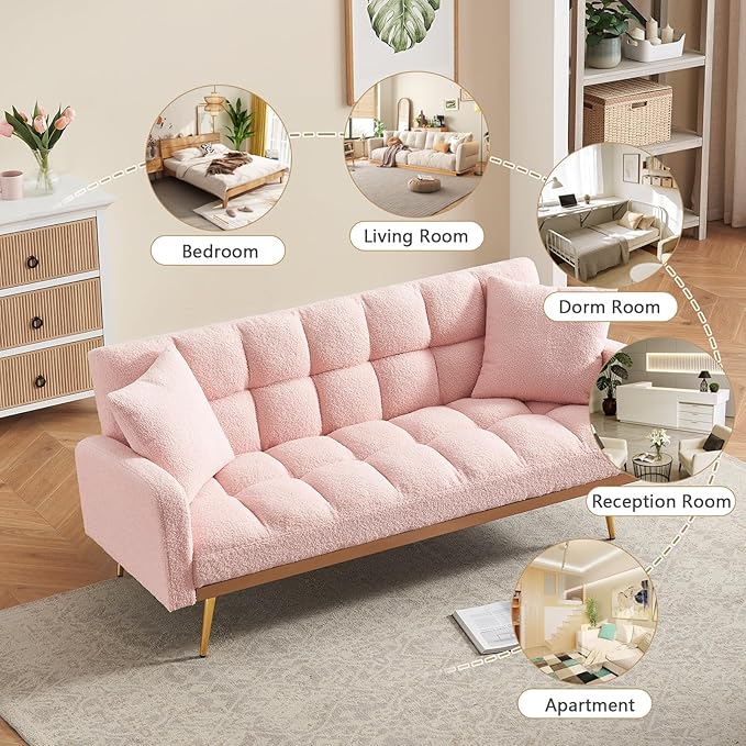 Teddy Futon Sofa Bed69 Modern Small Love Seat Couch for Small SpacesConvertible Tufted Sleeper Sofa Loveseat Couch Bed with Gold Metal Legs for Living RoomBedroomApartment (Teddy Pink)