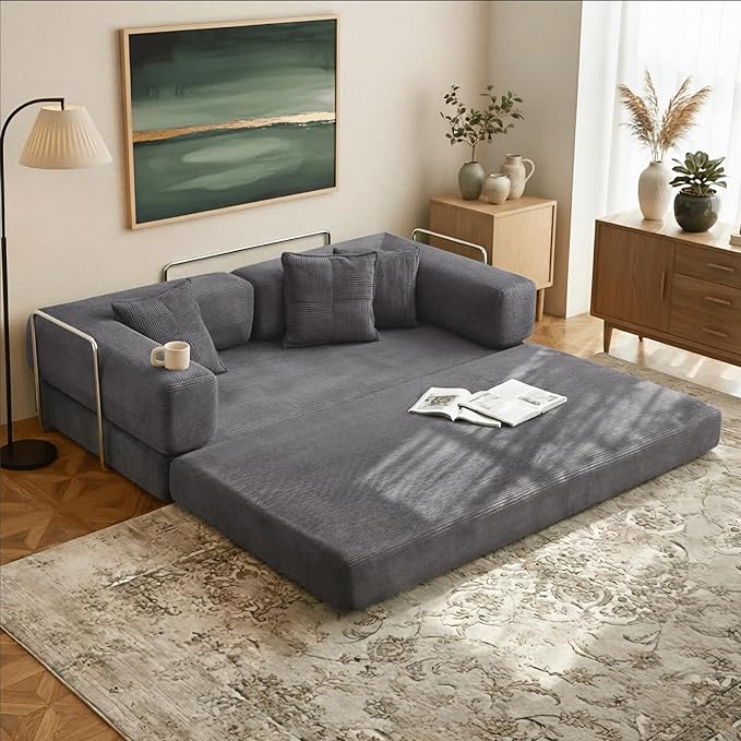 Alpen Boneless Couch Bed 4-in-1 Fold Out Couch Bed with L-Shaped Armrests Futon Chair Sleeper Sofa Mattress Fold Out Comfy Lounge for Living Room Bedroom Apartment Dark Grey
