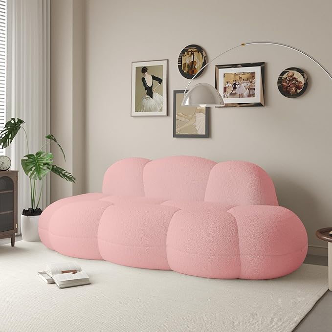 Boneless Small Couch for Bedroom 90 Modern Curved Boucle Couch Comfy Upholstered Cloud LoveSeat Floor Sofa Deep Seat Leisure Bubble Couches for Living Room Small Space (Pink No Installation)