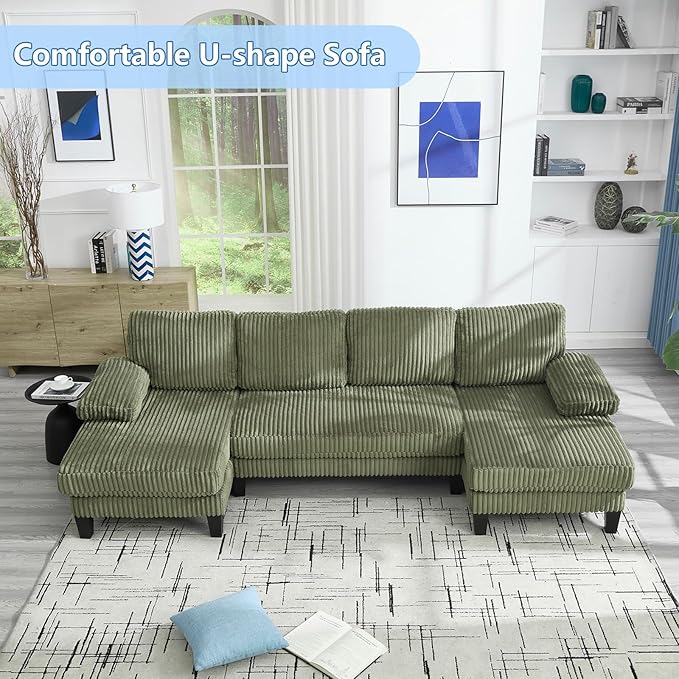 Sectional Couches for Living Room 114 Cloud Couch Modular Sofa Convertible U Shaped Couchs with Double Chaise 4-Seat Deep Seats Corduroy Sleeper Sofas for Home Furniture Green