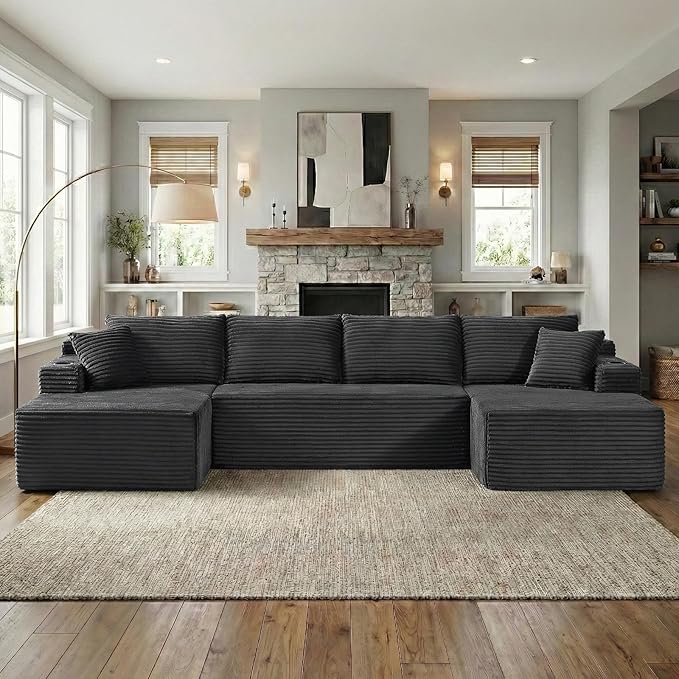 134 Inch U-Shaped Sectional Couch Oversized Modular Corduroy Sofa with 2 Chasies 4-Seater Modern Deep Seat Boneless Cloud Couch for Living Room No Assembly Required Dark Gray
