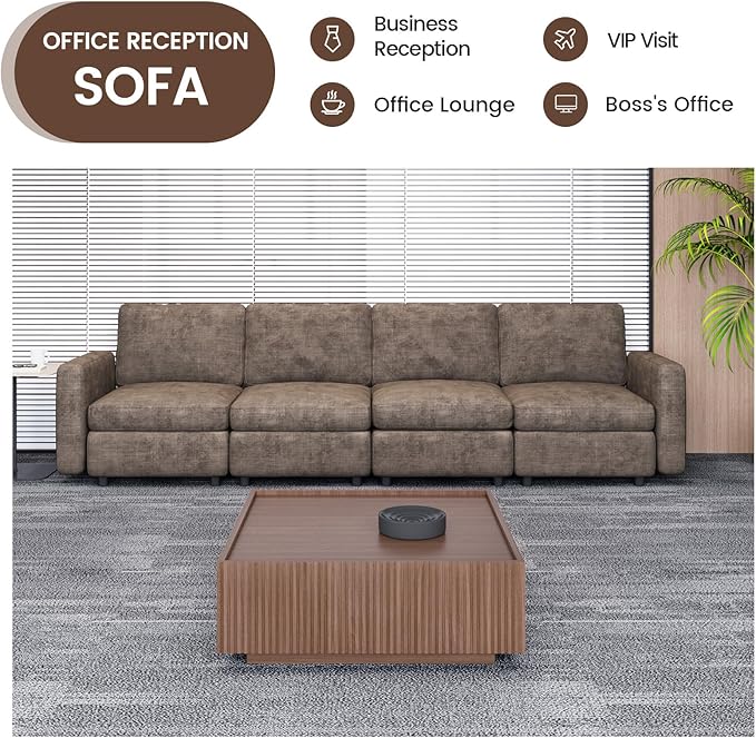 Modern Brown Modular Sofa with Deep Seating Soft Cushions Sectional Couch Available in Loveseat or Multi-Seat Options Minimalist Design for Office Living Room or Bedroom (4-Seater Sofa)