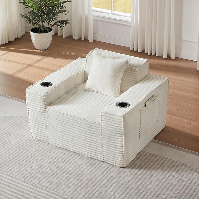 Cloud Boneless Chair with Cup Holder &amp Side Pocket Corduroy Comfy Sofa Chair with Pillow Modern Upholstered Chairs Fluffy Armchair for Living Room Bedroom Apartment No Assembly(Beige 43.31