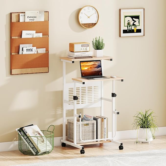 Tangkula Adjustable Standing Desk Mobile Rolling Computer Desk with Storage Shelf Portable Laptop Table with Footrest Mesh Panel Lockable Wheels Sit Stand Workstation for Home Office